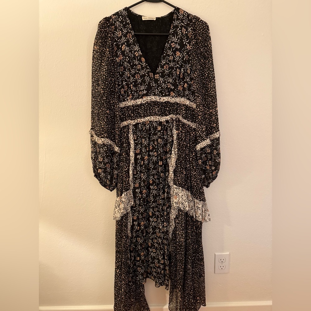 Ulla Johnson Black and Cream Floral Long Sleeve Dress